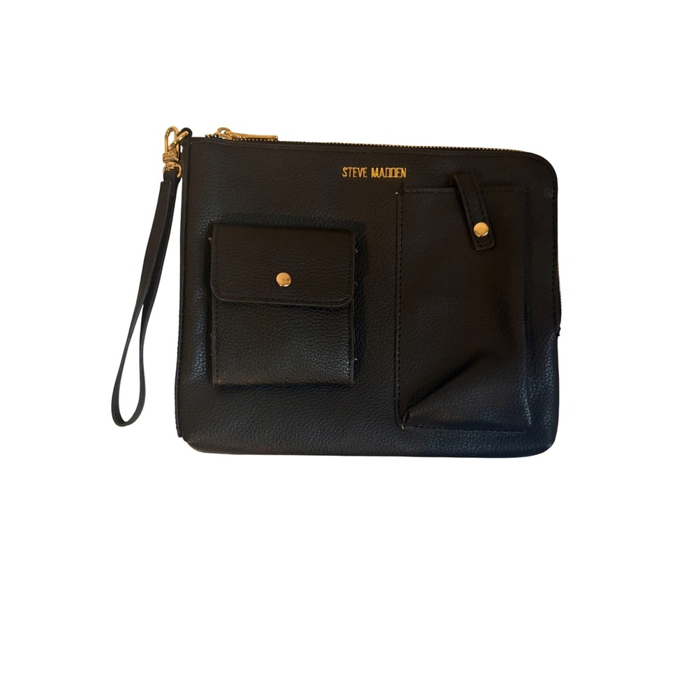 Steve Madden Black Pebbled Faux Leather Wristlet Clutch Bag with Gold Hardware